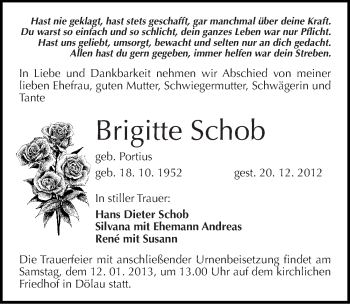 Traueranzeige von Brigitte Schob von Mitteldeutsche Zeitung Halle/Saalkreis