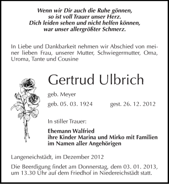 Traueranzeige von Gertrud Ulbrich von Mitteldeutsche Zeitung Merseburg/Querfurt