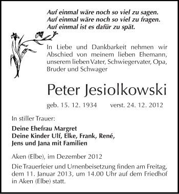 Traueranzeige von Peter Jesiolkowski von Mitteldeutsche Zeitung Köthen