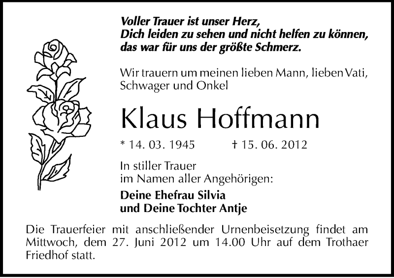  Traueranzeige für Klaus Hoffmann vom 20.06.2012 aus Mitteldeutsche Zeitung Halle/Saalkreis