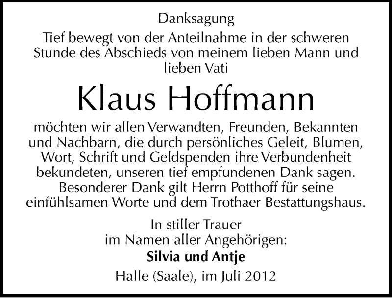  Traueranzeige für Klaus Hoffmann vom 07.07.2012 aus Mitteldeutsche Zeitung Halle/Saalkreis