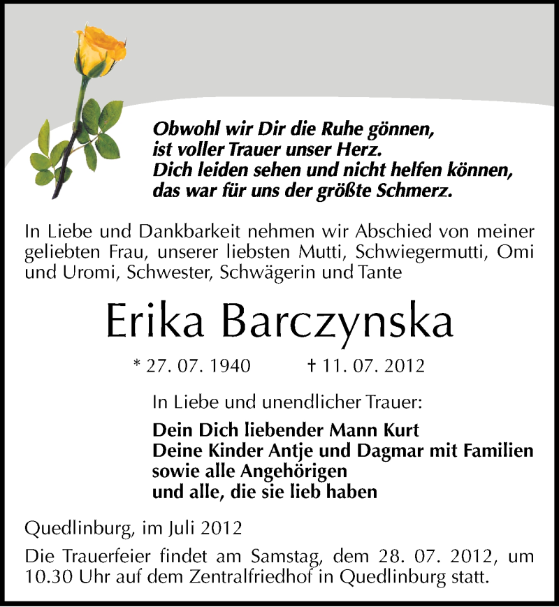  Traueranzeige für Erika Barczynska vom 21.07.2012 aus Mitteldeutsche Zeitung Quedlinburg