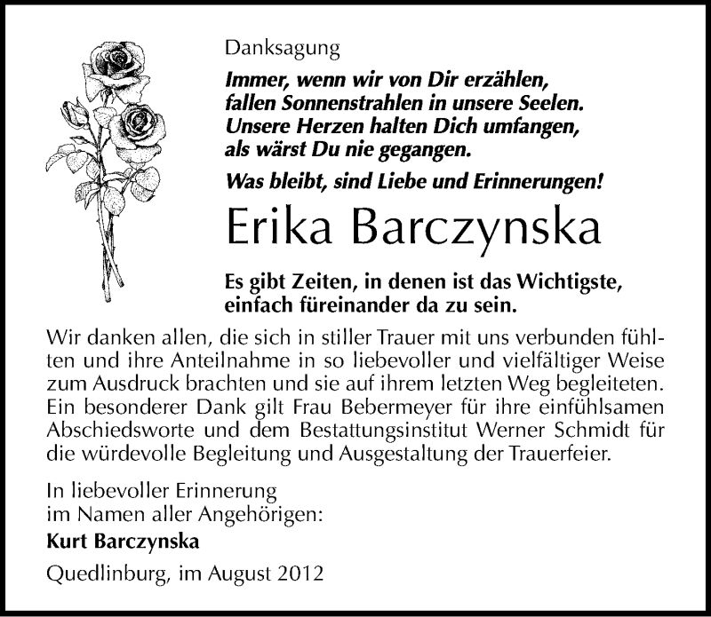  Traueranzeige für Erika Barczynska vom 11.08.2012 aus Mitteldeutsche Zeitung Quedlinburg