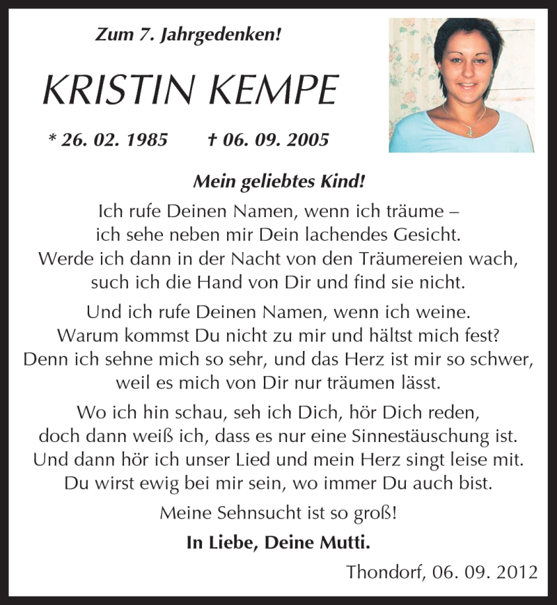  Traueranzeige für Kristin Kempe vom 06.09.2012 aus Mitteldeutsche Zeitung Mansfelder Land