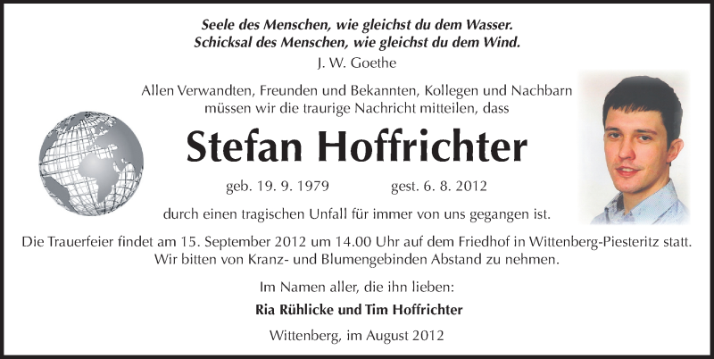  Traueranzeige für Stefan Hoffrichter vom 01.09.2012 aus Mitteldeutsche Zeitung Wittenberg