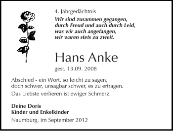 Traueranzeige von Hans Anke von Mitteldeutsche Zeitung Naumburg/Nebra