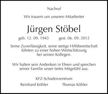 Traueranzeige von Jürgen Stöbel von Mitteldeutsche Zeitung Halle/Saalkreis