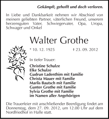 Traueranzeige von Walter Grothe von Mitteldeutsche Zeitung Halle/Saalkreis