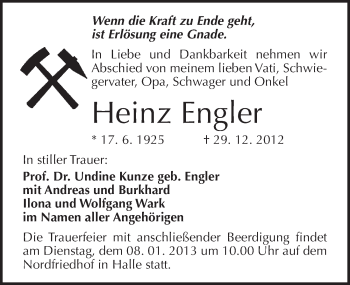 Traueranzeige von Heinz Engler von Mitteldeutsche Zeitung