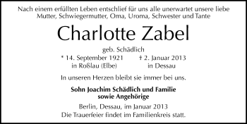 Traueranzeige von Charlotte Zabel von Mitteldeutsche Zeitung