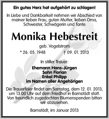 Traueranzeige von Monika Hebestreit von Mitteldeutsche Zeitung Merseburg/Querfurt