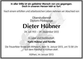 Traueranzeige von Dieter Hübner von Mitteldeutsche Zeitung Köthen