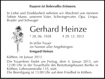 Traueranzeige von Gerhard Heinze von Mitteldeutsche Zeitung Köthen