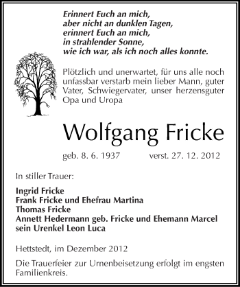 Traueranzeige von Wolfgang Fricke von Mitteldeutsche Zeitung Mansfelder Land
