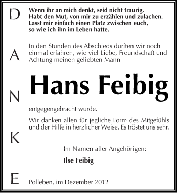 Traueranzeige von Hans Feibig von Mitteldeutsche Zeitung Mansfelder Land