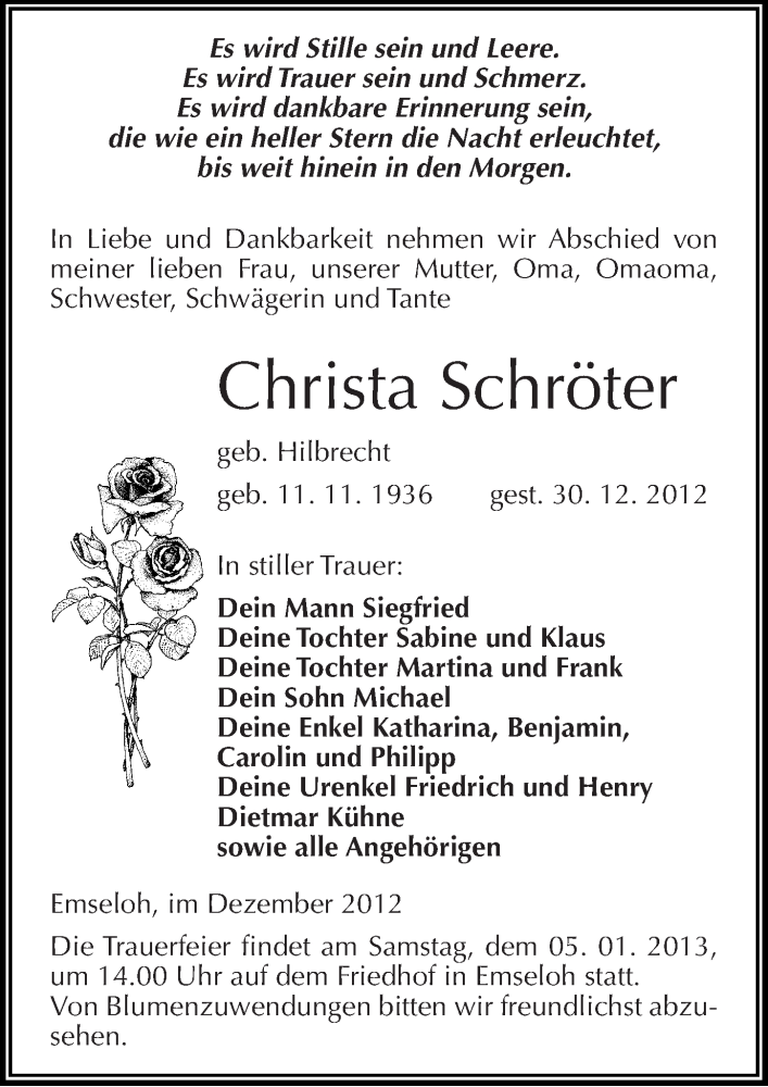  Traueranzeige für Christa Schröter vom 03.01.2013 aus Mitteldeutsche Zeitung Sangerhausen