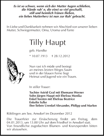 Traueranzeige von Tilly Haupt von Mitteldeutsche Zeitung Mansfelder Land