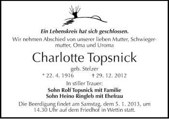 Traueranzeige von Charlotte Topsnick von Mitteldeutsche Zeitung Halle/Saalkreis