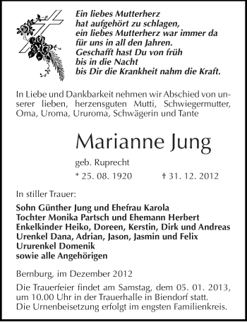 Traueranzeige von Marianne Jung von Mitteldeutsche Zeitung Bernburg