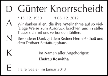 Traueranzeige von Günter Knorrscheidt von Mitteldeutsche Zeitung Halle/Saalkreis