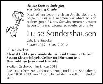Traueranzeige von Luise Sondershausen von Mitteldeutsche Zeitung Mansfelder Land