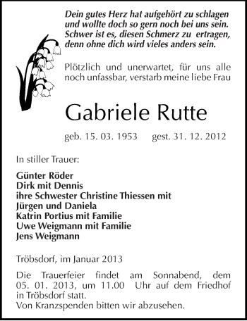 Traueranzeige von Gabriele Rutte von Mitteldeutsche Zeitung Naumburg/Nebra