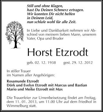 Traueranzeige von Horst Etzrodt von Mitteldeutsche Zeitung Mansfelder Land