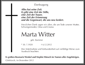 Traueranzeige von Marta Witter von Mitteldeutsche Zeitung Bitterfeld