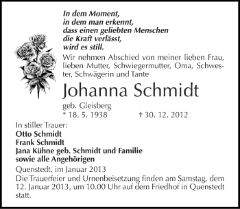 Traueranzeige von Johanna Schmidt von Mitteldeutsche Zeitung Mansfelder Land