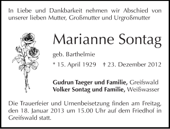 Traueranzeige von Marianne Sontag von Mitteldeutsche Zeitung Naumburg/Nebra