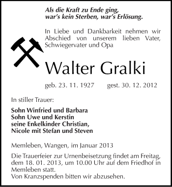 Traueranzeige von Walter Gralki von Mitteldeutsche Zeitung Naumburg/Nebra