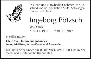 Traueranzeige von Ingeborg Pötzsch von Mitteldeutsche Zeitung Bitterfeld