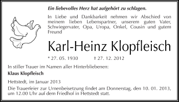 Traueranzeige von Karl-Heinz Klopfleisch von Mitteldeutsche Zeitung Mansfelder Land