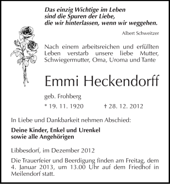 Traueranzeige von Emmi Heckendorff von Mitteldeutsche Zeitung Köthen
