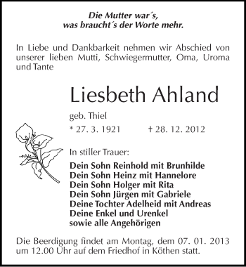 Traueranzeige von Liesbeth Ahland von Mitteldeutsche Zeitung Köthen
