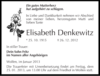 Traueranzeige von Elisabeth Denkewitz von Mitteldeutsche Zeitung Bitterfeld