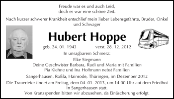 Traueranzeige von Hubert Hoppe von Mitteldeutsche Zeitung Sangerhausen