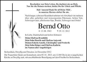 Traueranzeige von Bernd Otto von Mitteldeutsche Zeitung Zeitz