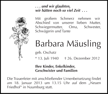 Traueranzeige von Barbara Mäusling von Mitteldeutsche Zeitung Naumburg/Nebra