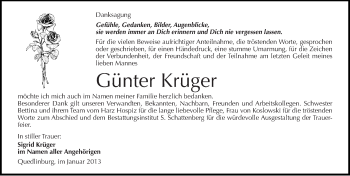 Traueranzeige von Günter Krüger von Mitteldeutsche Zeitung Quedlinburg
