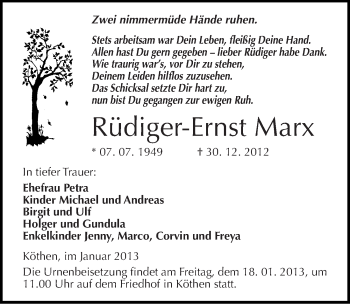 Traueranzeige von Rüdiger-Ernst Marx von Mitteldeutsche Zeitung Köthen