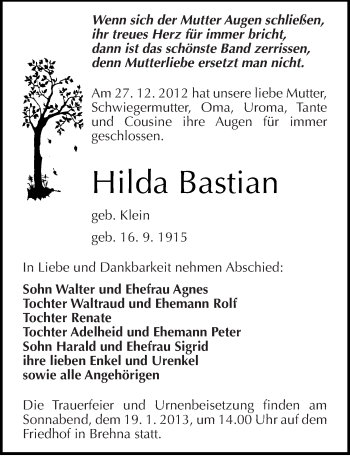 Traueranzeige von Hilda Bastian von Mitteldeutsche Zeitung Bitterfeld