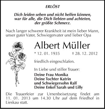 Traueranzeige von Albert Müller von Mitteldeutsche Zeitung Halle/Saalkreis