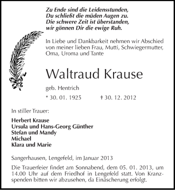 Traueranzeige von Waltraud Krause von Mitteldeutsche Zeitung Sangerhausen