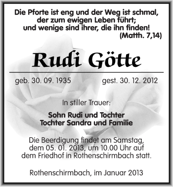Traueranzeige von Rudi Götte von Mitteldeutsche Zeitung Mansfelder Land