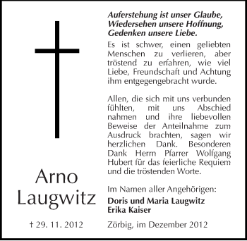 Traueranzeige von Arno Laugwitz von Mitteldeutsche Zeitung Bitterfeld