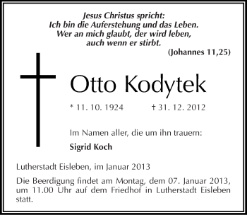 Traueranzeige von Otto Kodytek von Mitteldeutsche Zeitung Mansfelder Land