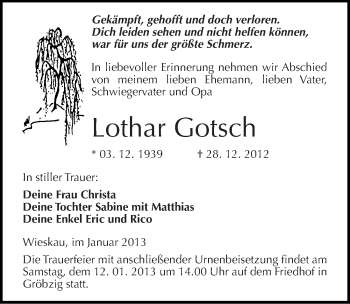 Traueranzeige von Lothar Gotsch von Mitteldeutsche Zeitung Köthen