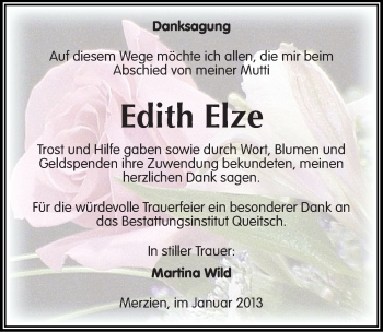 Traueranzeige von Edith Elze von Mitteldeutsche Zeitung Köthen