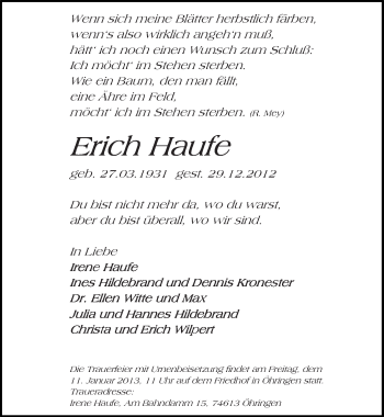 Traueranzeige von Erich Haufe von Mitteldeutsche Zeitung Naumburg/Nebra